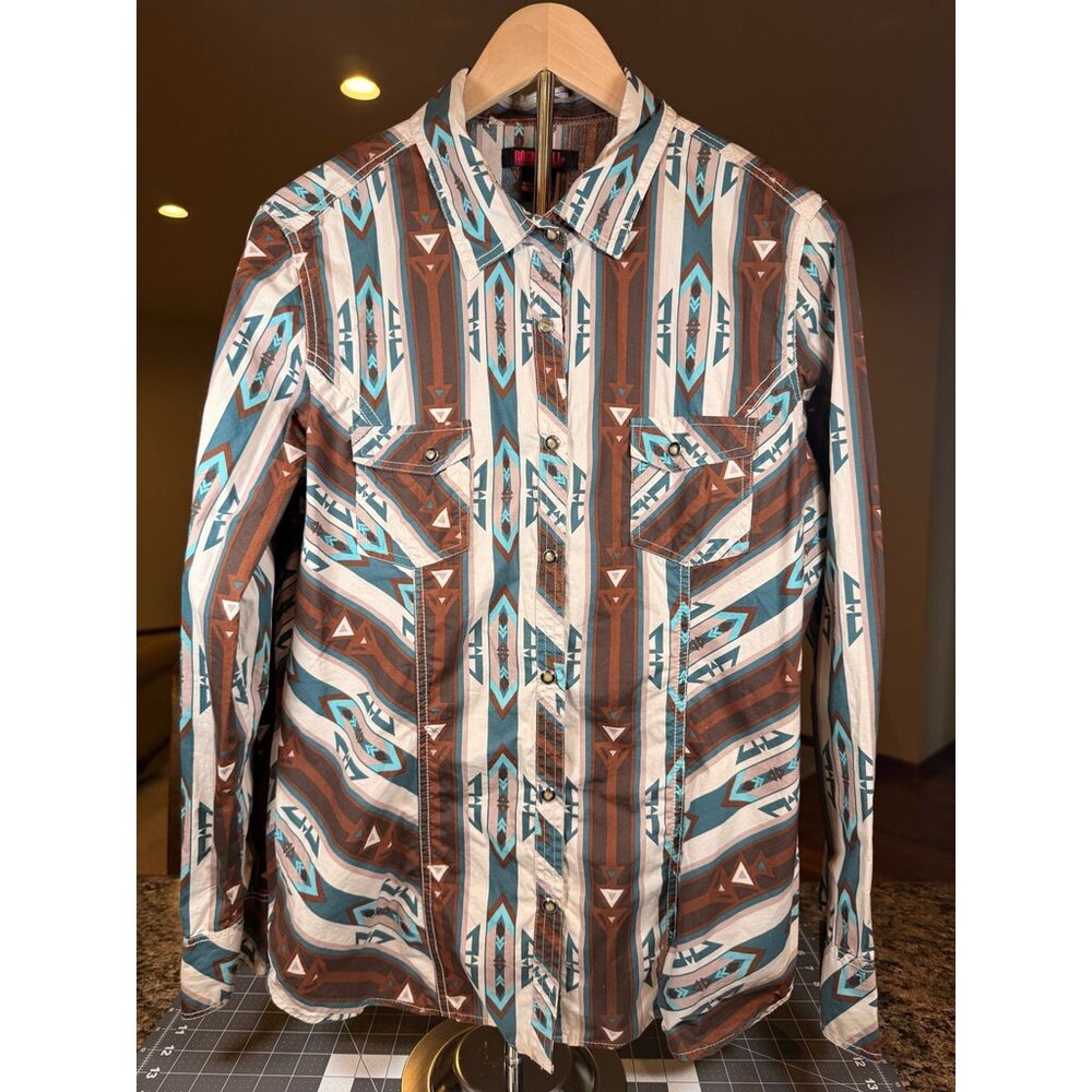 Rock & Roll Cowgirl Women's L Western Aztec Pearl Snap Shirt Brown Teal